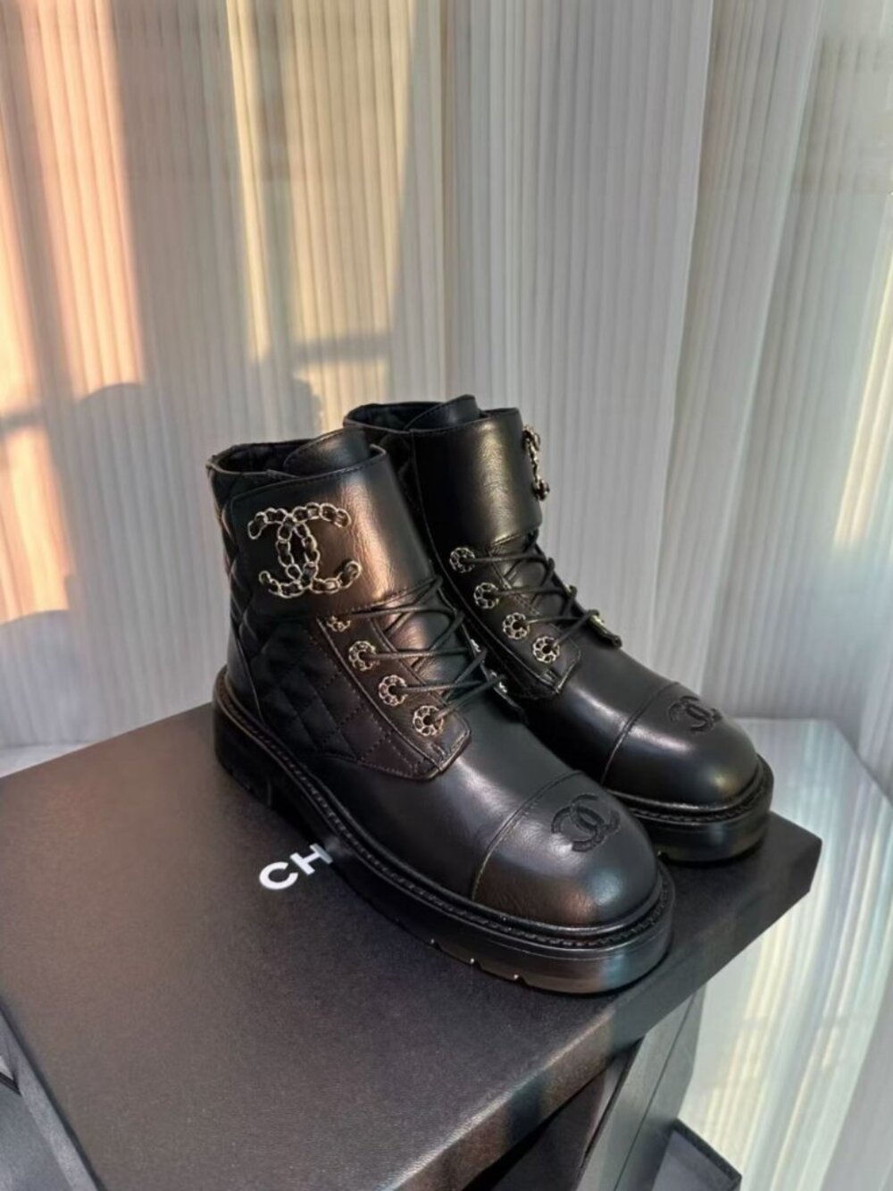 CHANEL Iconic Chain CC Quilted Black Combat Ankle Boots